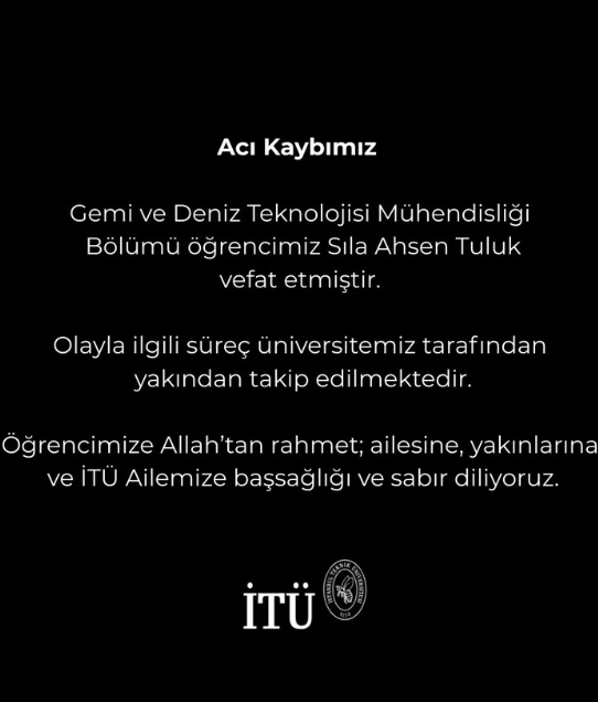 İTÜ'den yayınlanan taziye mesajı görüntüsü